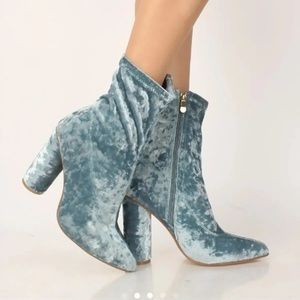 Teal velvet chunky heeled booties